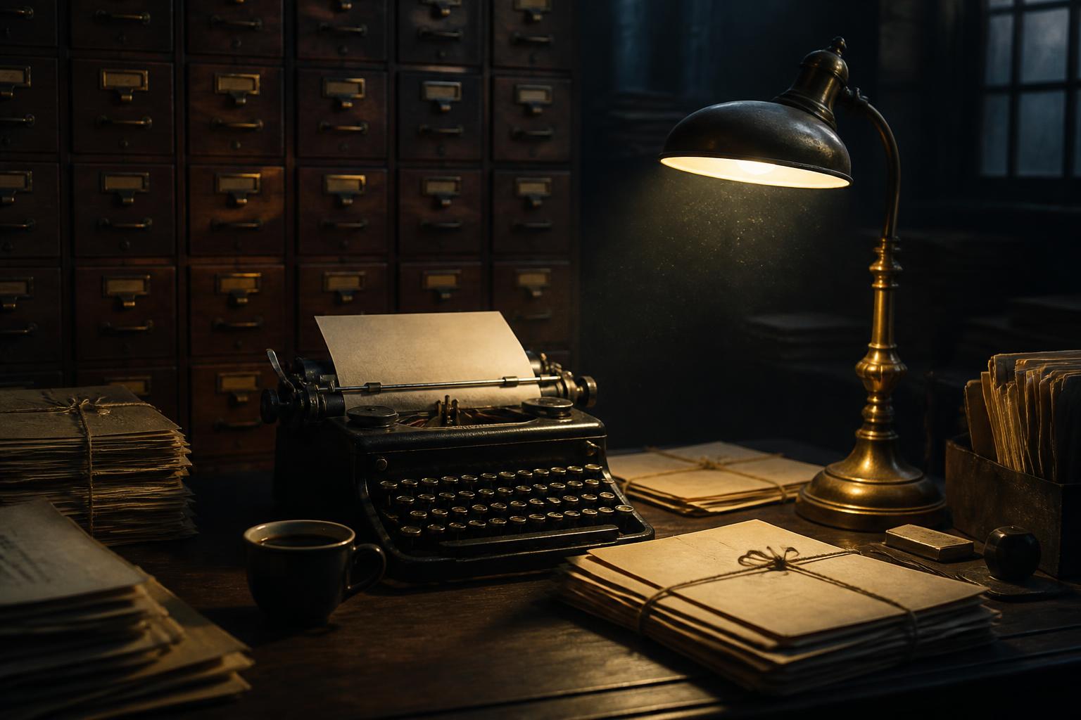 Le bureau de l'archiviste : machine à écrire, dossiers ficelés et lampe de laiton devant les tiroirs d'archives