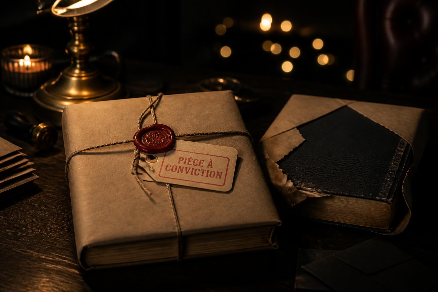 Un livre emballé de papier kraft avec ficelle, cachet de cire rouge et étiquette tamponnée Pièce à conviction