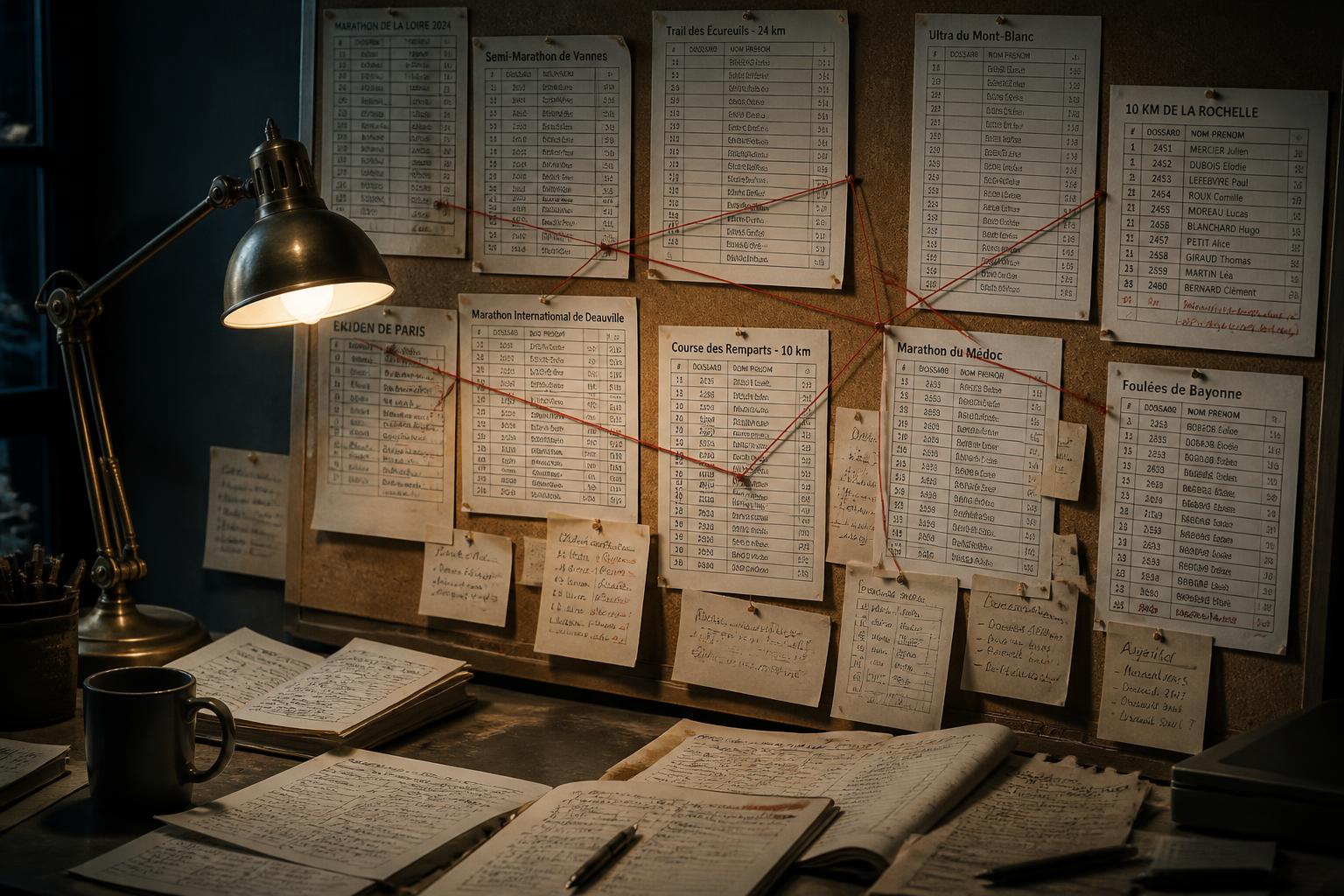 Un mur d'atelier couvert de listes de dossards épinglées et reliées par de la ficelle rouge