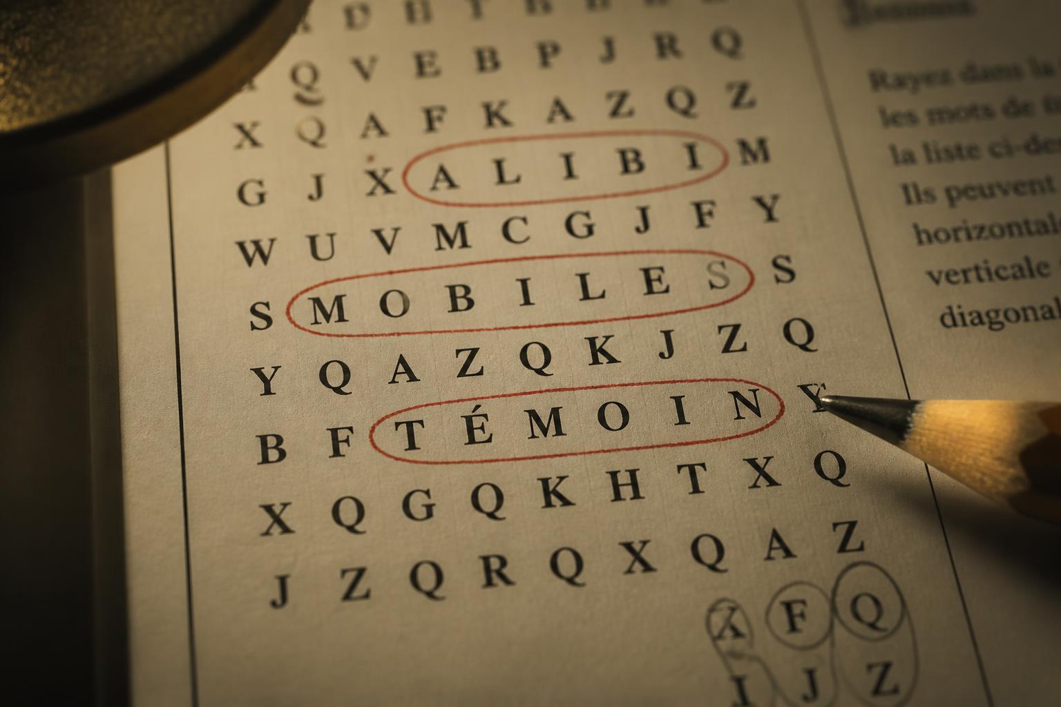 Gros plan sur une grille de mots mêlés, trois réponses entourées au crayon rouge